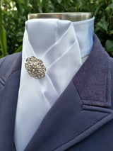 ERA ALEX Stock Tie - White satin with pleated centre & crystal brooch