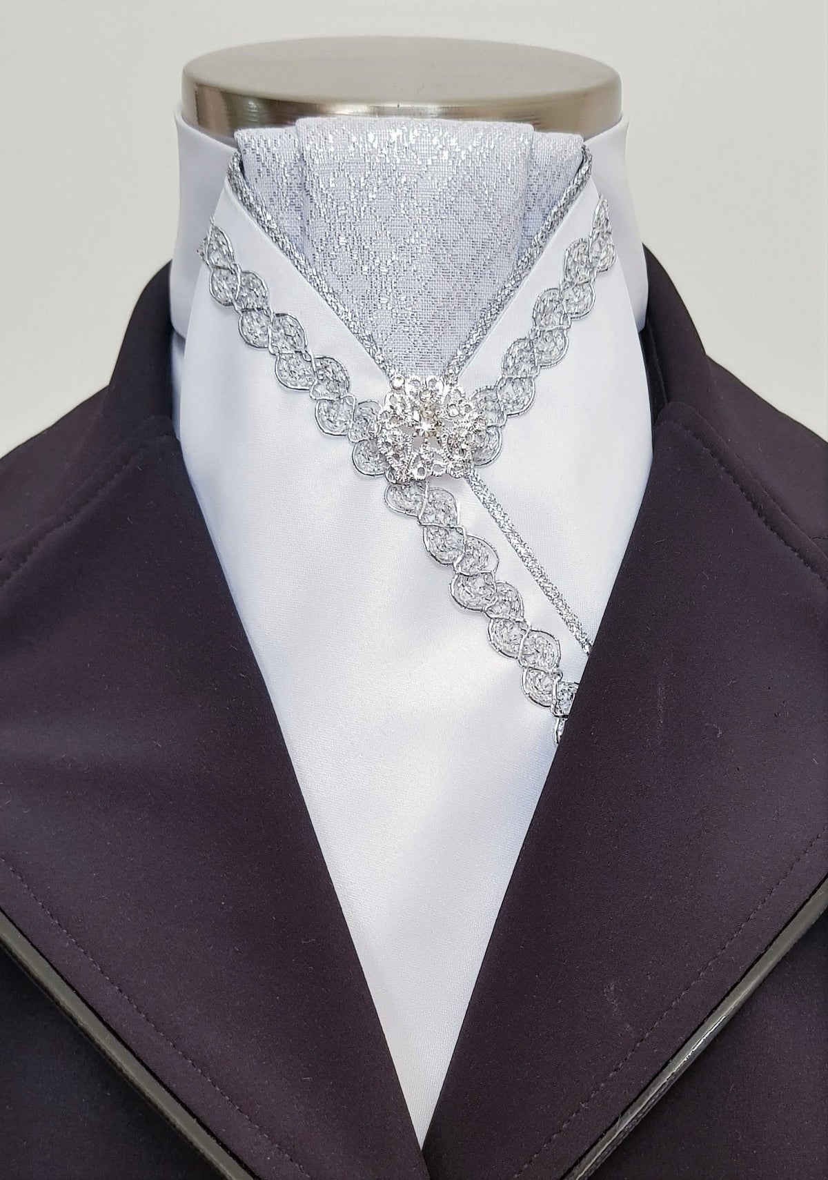 ERA ALEX STOCK TIE - White satin, silver pleated brocade, silver piping, silver Wave trim and brooch
