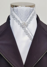 ERA ALEX STOCK TIE - White satin, silver pleated brocade, silver piping, silver Wave trim and brooch