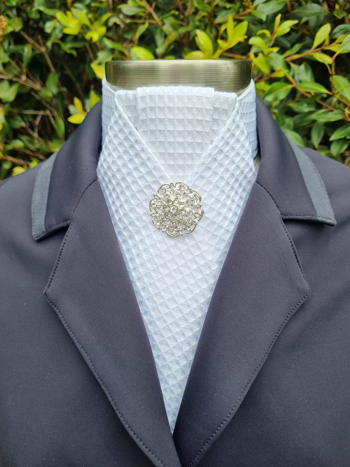 ERA ALEX STOCK TIE - White Waffle Weave poly/cotton with pleated centre & brooch