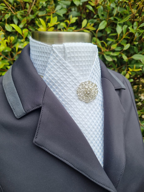 ERA ALEX STOCK TIE - White Waffle Weave poly/cotton with pleated centre & brooch
