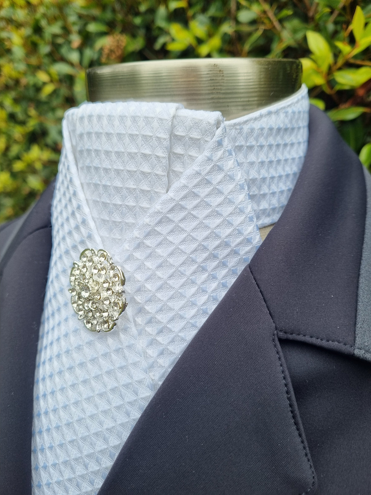 ERA ALEX STOCK TIE - White Waffle Weave poly/cotton with pleated centre & brooch