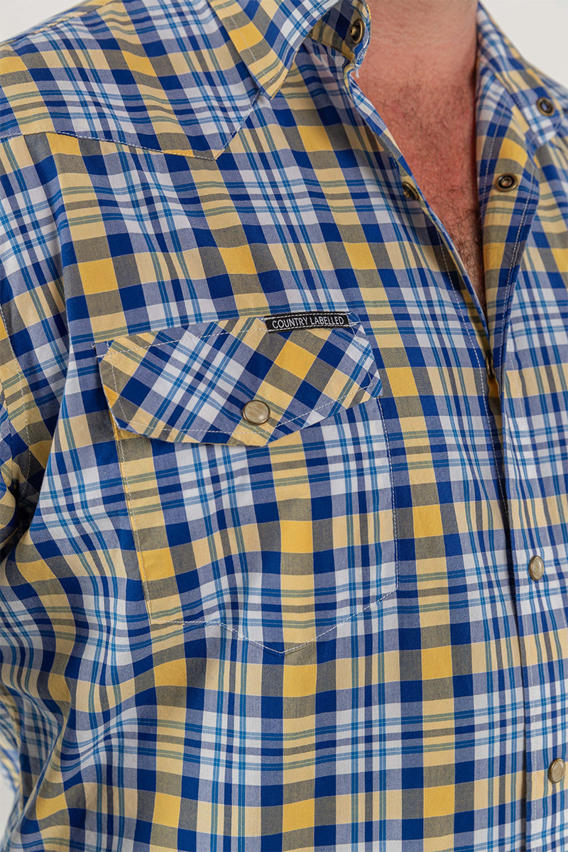CL Cowboy Pearl Snap Button Up - Blue & Gold Check