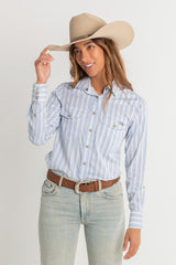 CL Cowgirl Pearl Snap Button Up - Purple & Blue Stripe
