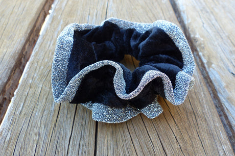 Deluxe Hair Scrunchie - Black double layer with silver sparkle trim on edge – Free Postage in Australia