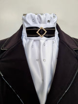 ERA EURO AMORE' STOCK TIE – White satin, black & gold trim with gold crystal diamond and scattered crystals