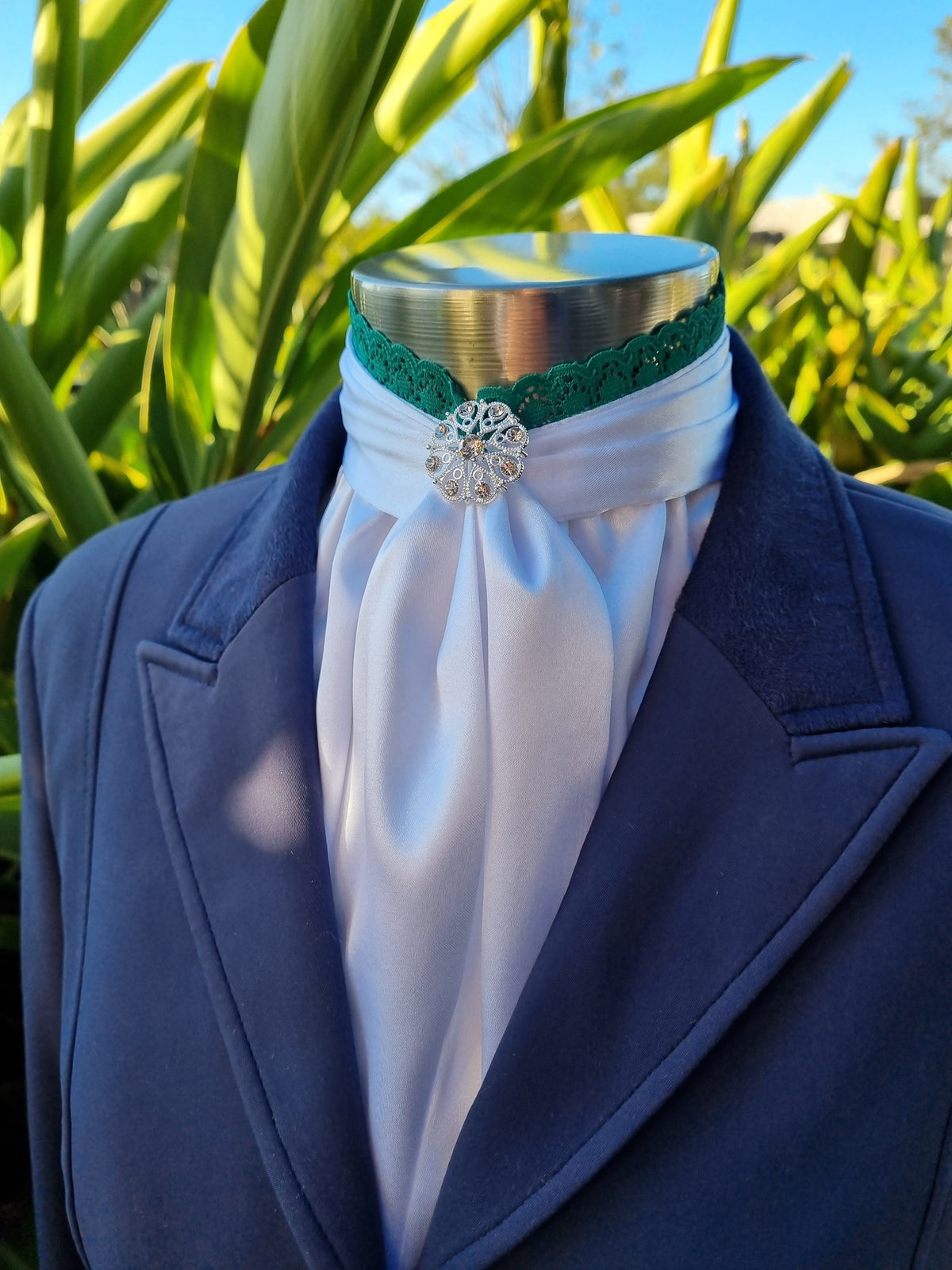 EURO BELLE STOCK TIE - White lustre satin with green lace trim & brooch