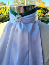 EURO BELLE STOCK TIE - White lustre satin with green lace trim & brooch