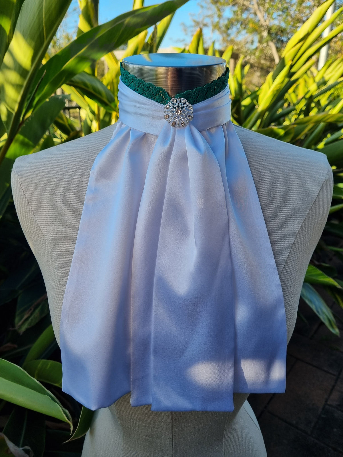 EURO BELLE STOCK TIE - White lustre satin with green lace trim & brooch