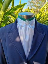 EURO BELLE STOCK TIE - White lustre satin with green lace trim & brooch