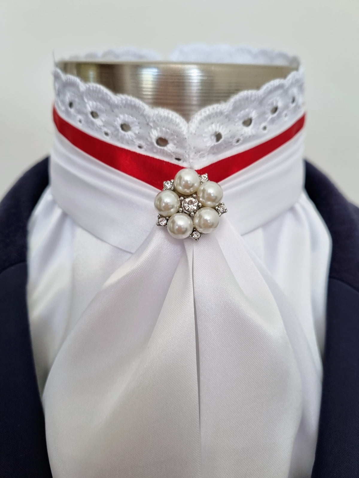 EURO BELLE STOCK TIE - White lustre satin with Red ribbon & lace trim and brooch