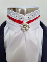 EURO BELLE STOCK TIE - White lustre satin with Red ribbon & lace trim and brooch
