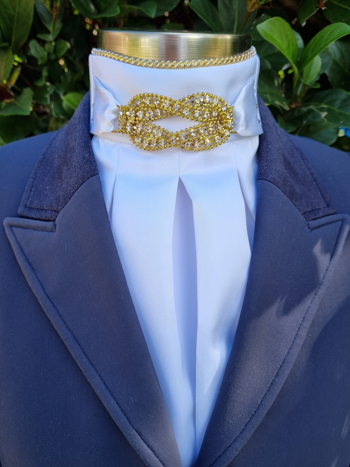 ERA Euro Eliza Stock Tie - White satin with gold crystal embellishment & crystal detail