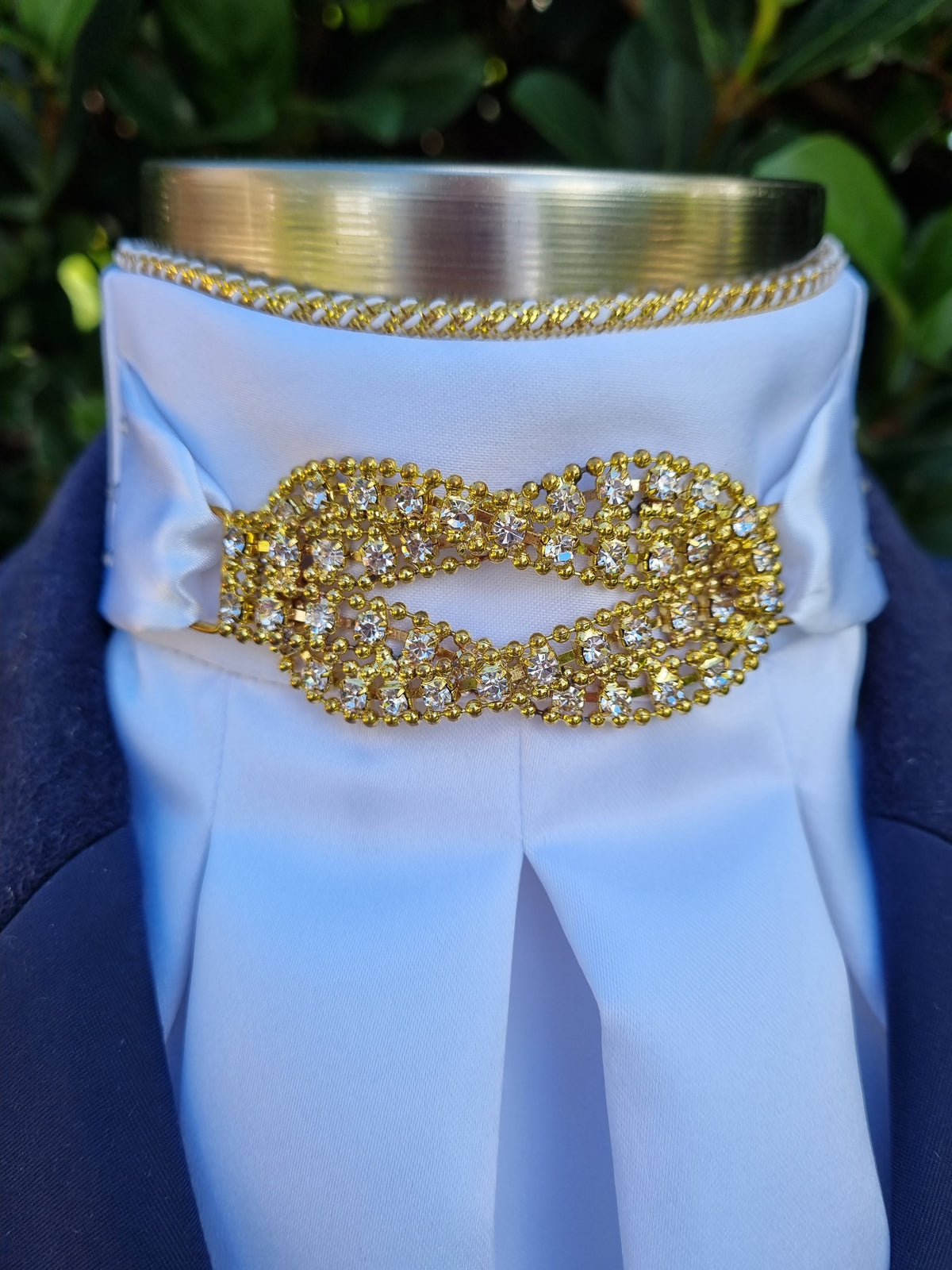 ERA Euro Eliza Stock Tie - White satin with gold crystal embellishment & crystal detail
