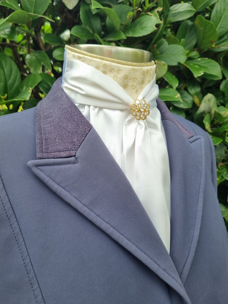 ERA ELLE Pre-tied Stock Tie - White satin Soft Ties with gold piping, gold spot Centre and gold brooch