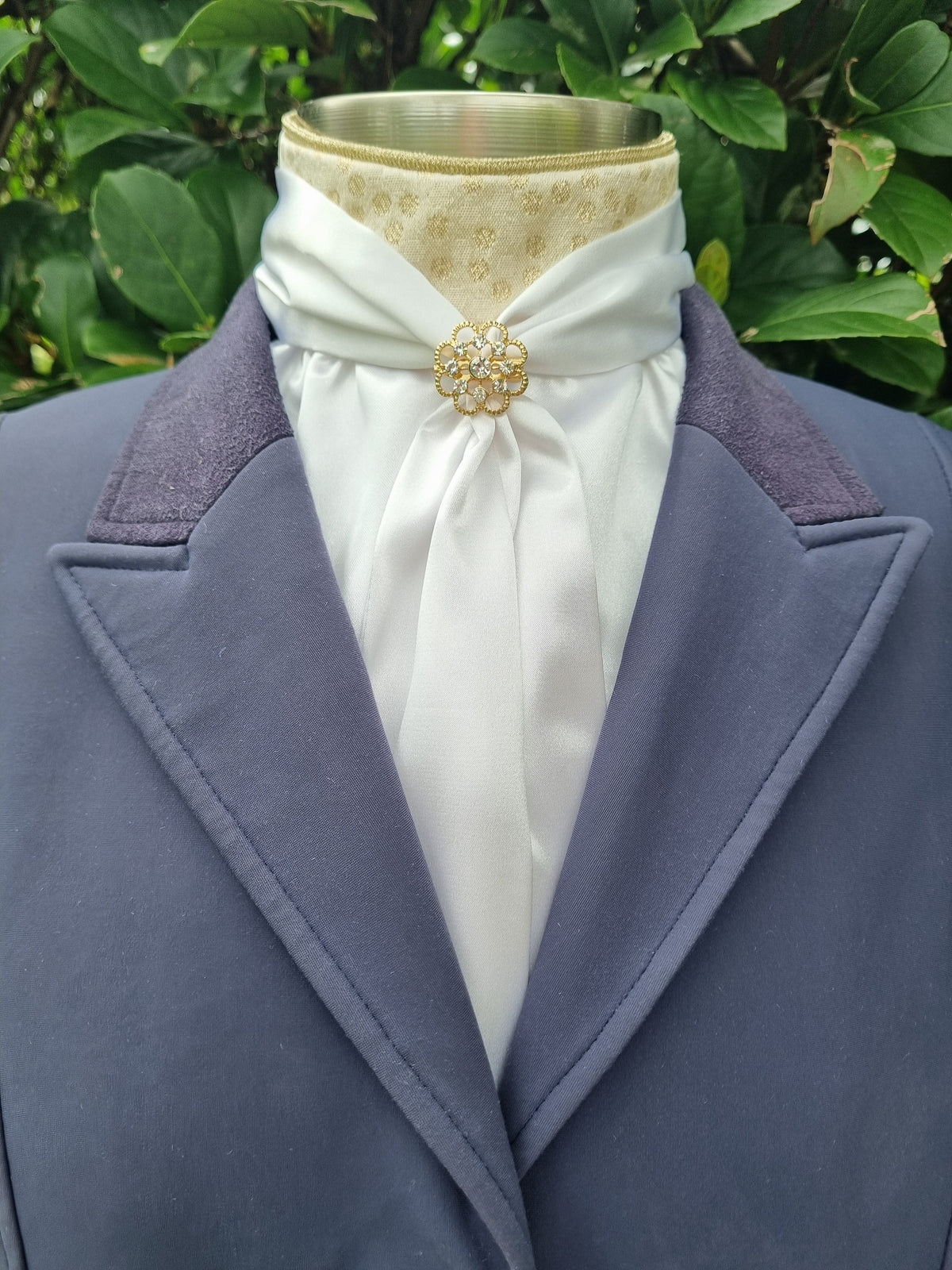 ERA ELLE Pre-tied Stock Tie - White satin Soft Ties with gold piping, gold spot Centre and gold brooch