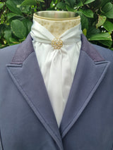 ERA ELLE Pre-tied Stock Tie - White satin Soft Ties with gold piping, gold spot Centre and gold brooch