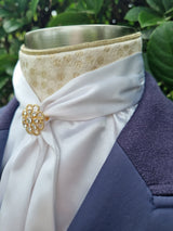ERA ELLE Pre-tied Stock Tie - White satin Soft Ties with gold piping, gold spot Centre and gold brooch