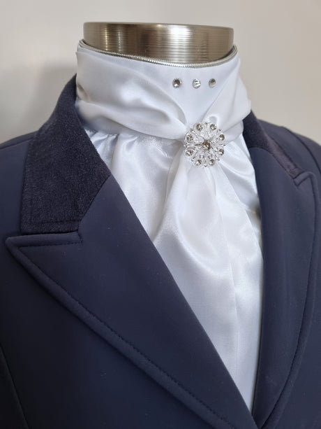 ERA ELLE STOCK TIE - White satin Soft Ties with silver metallic piping, silver crystals and crystal brooch