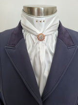 ERA ELLE STOCK TIE - White satin Soft Ties with silver metallic piping, rose gold crystals and rose gold crystal brooch