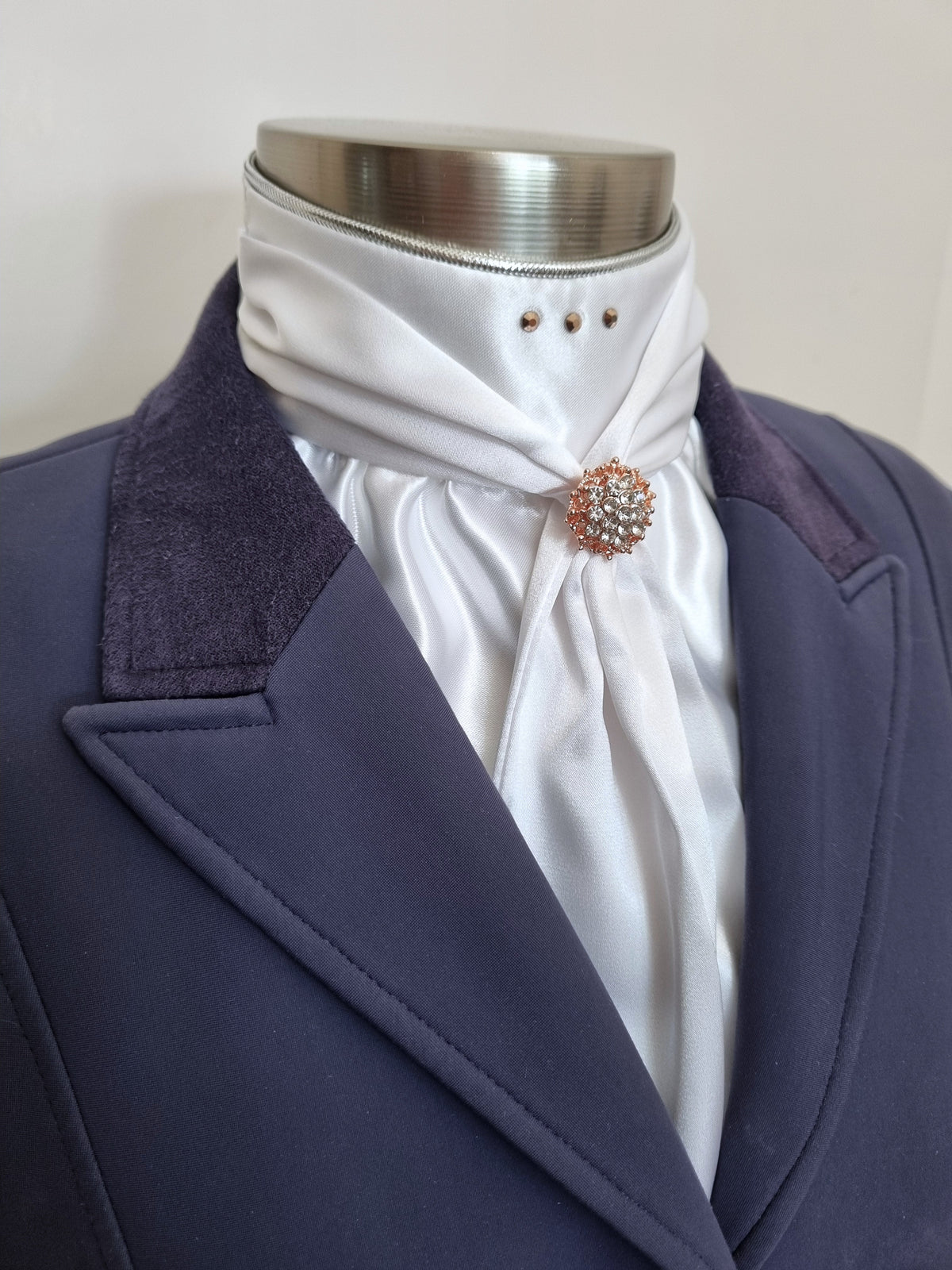 ERA ELLE STOCK TIE - White satin Soft Ties with silver metallic piping, rose gold crystals and rose gold crystal brooch