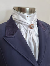 ERA ELLE STOCK TIE - White satin Soft Ties with silver metallic piping, rose gold crystals and rose gold crystal brooch