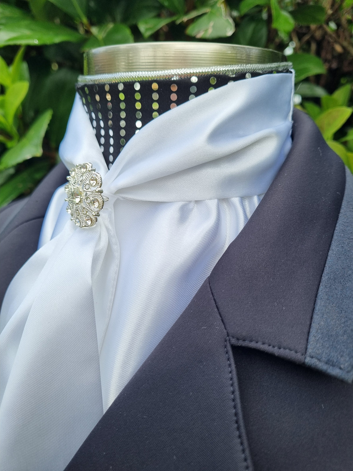 ERA ELLE Pre-tied Stock Tie - White satin with black silver spots, silver metallic piping, gold spot Centre and silver brooch