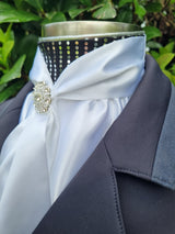 ERA ELLE Pre-tied Stock Tie - White satin with black silver spots, silver metallic piping, gold spot Centre and silver brooch