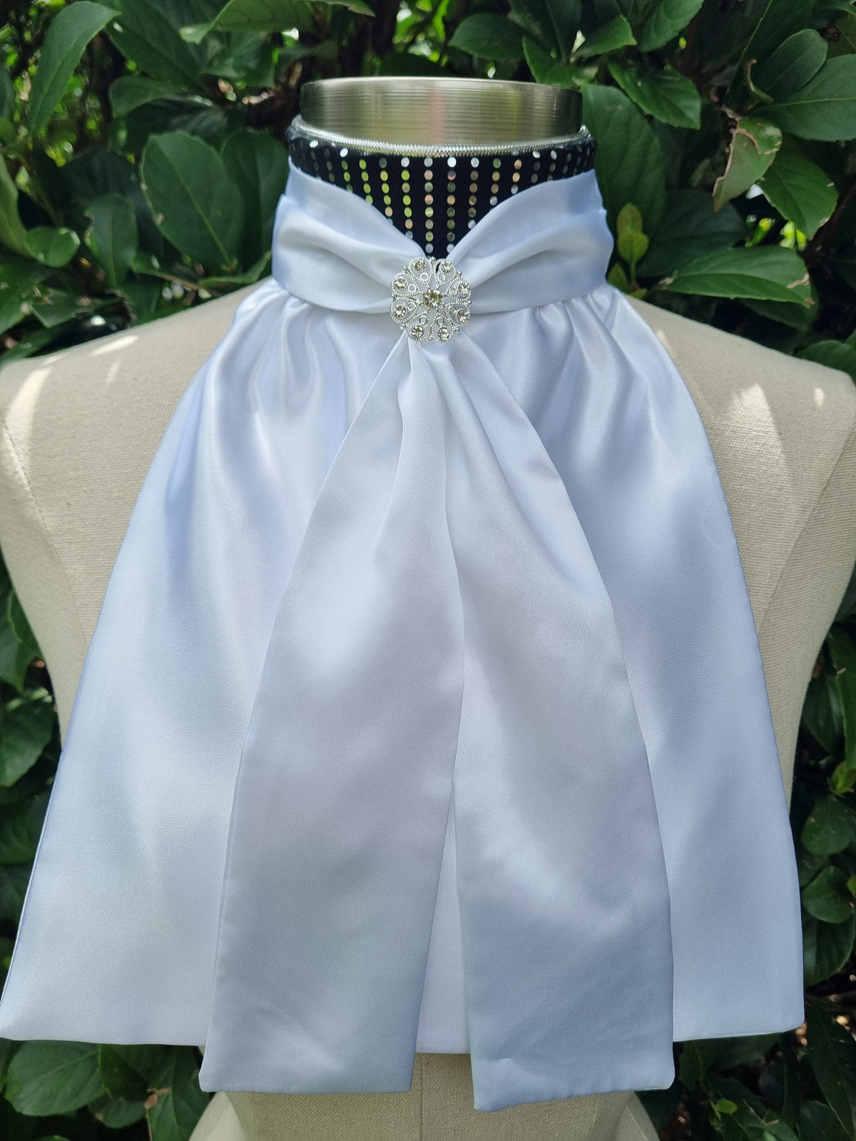 ERA ELLE Pre-tied Stock Tie - White satin with black silver spots, silver metallic piping, gold spot Centre and silver brooch