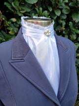 ERA EURO BELLE STOCK TIE - White lustre satin with lace frill and brooch