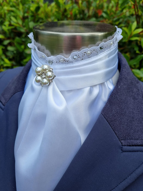 ERA EURO BELLE Stock Tie - White lustre satin with lace frill, pearls & crystals and brooch