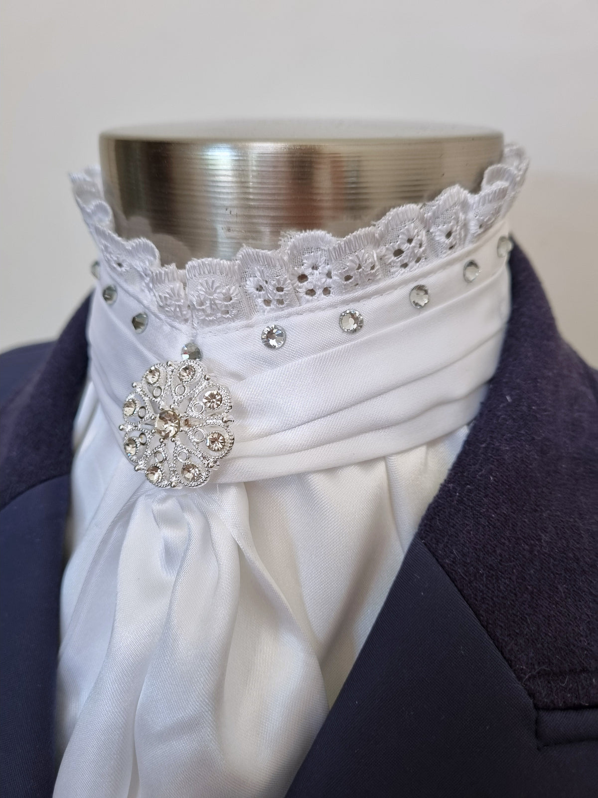 ERA EURO BELLE with Crystals Stock Tie - White lustre satin with lace frill, crystals on neck and brooch