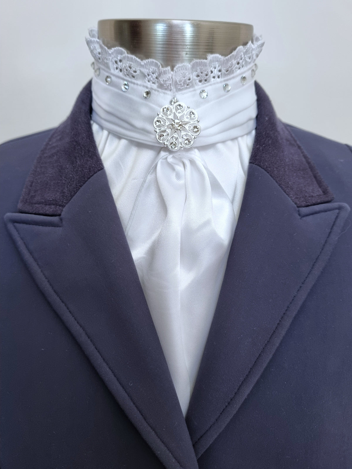 ERA EURO BELLE with Crystals Stock Tie - White lustre satin with lace frill, crystals on neck and brooch