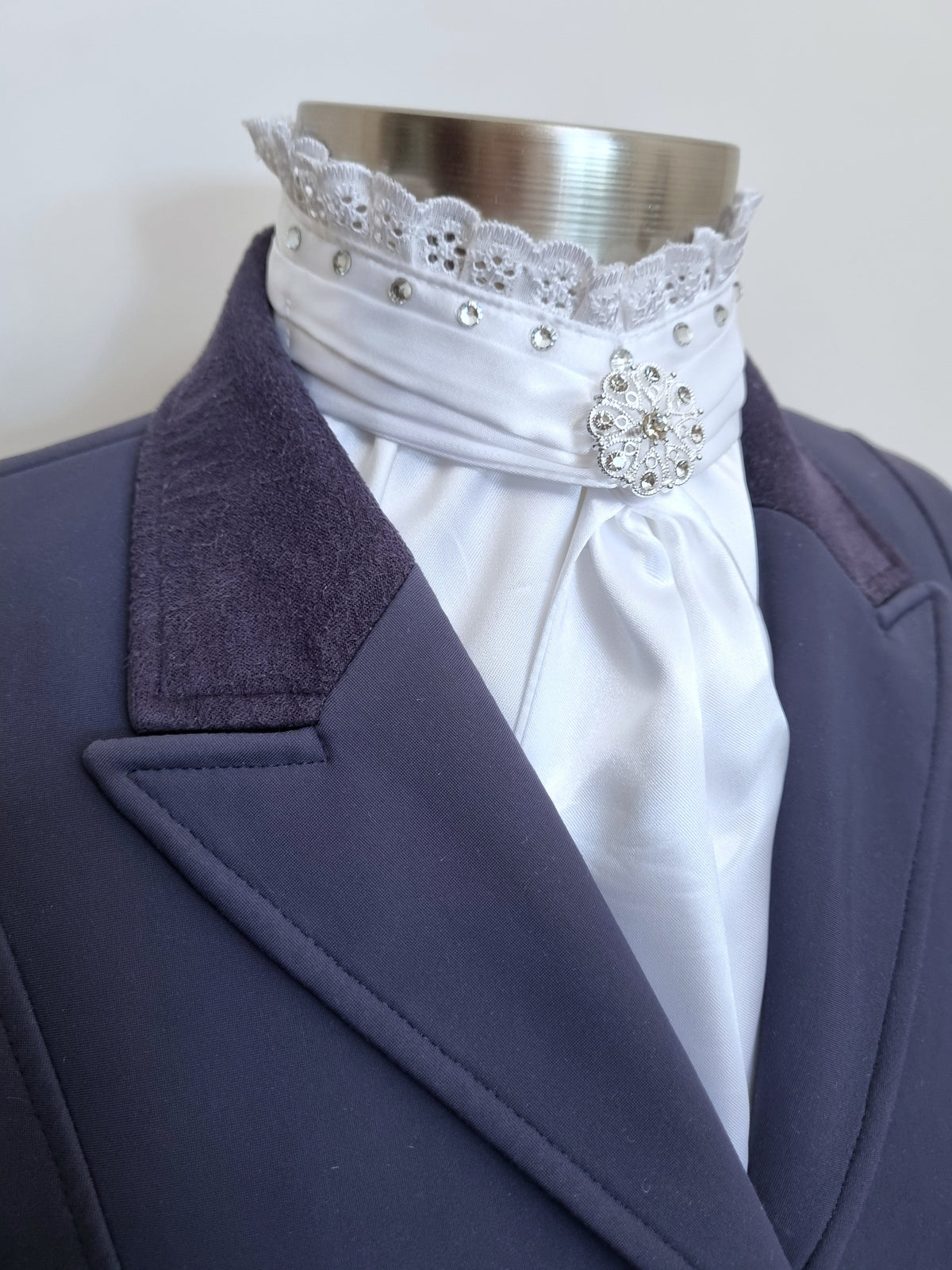 ERA EURO BELLE with Crystals Stock Tie - White lustre satin with lace frill, crystals on neck and brooch
