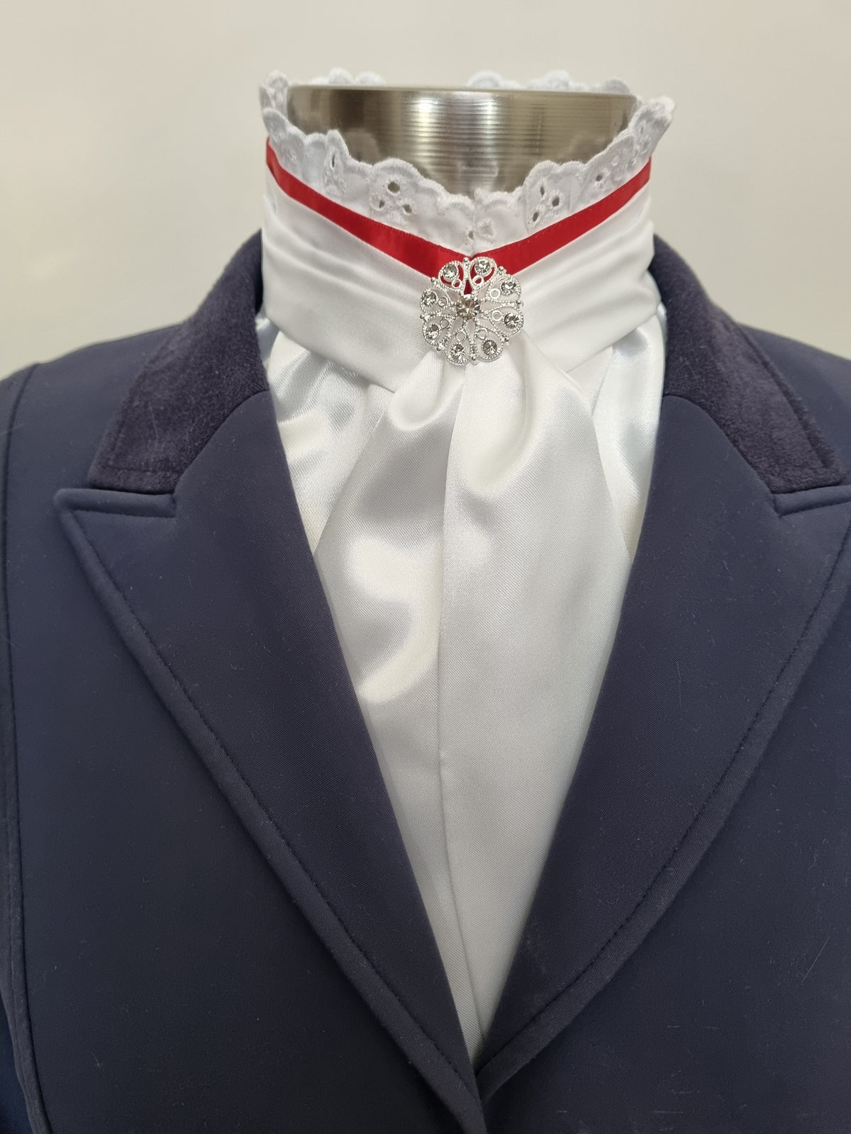 EURO BELLE STOCK TIE - White lustre satin with Red ribbon & lace trim and brooch
