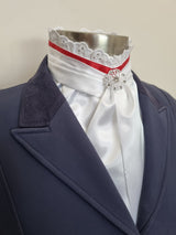 EURO BELLE STOCK TIE - White lustre satin with Red ribbon & lace trim and brooch