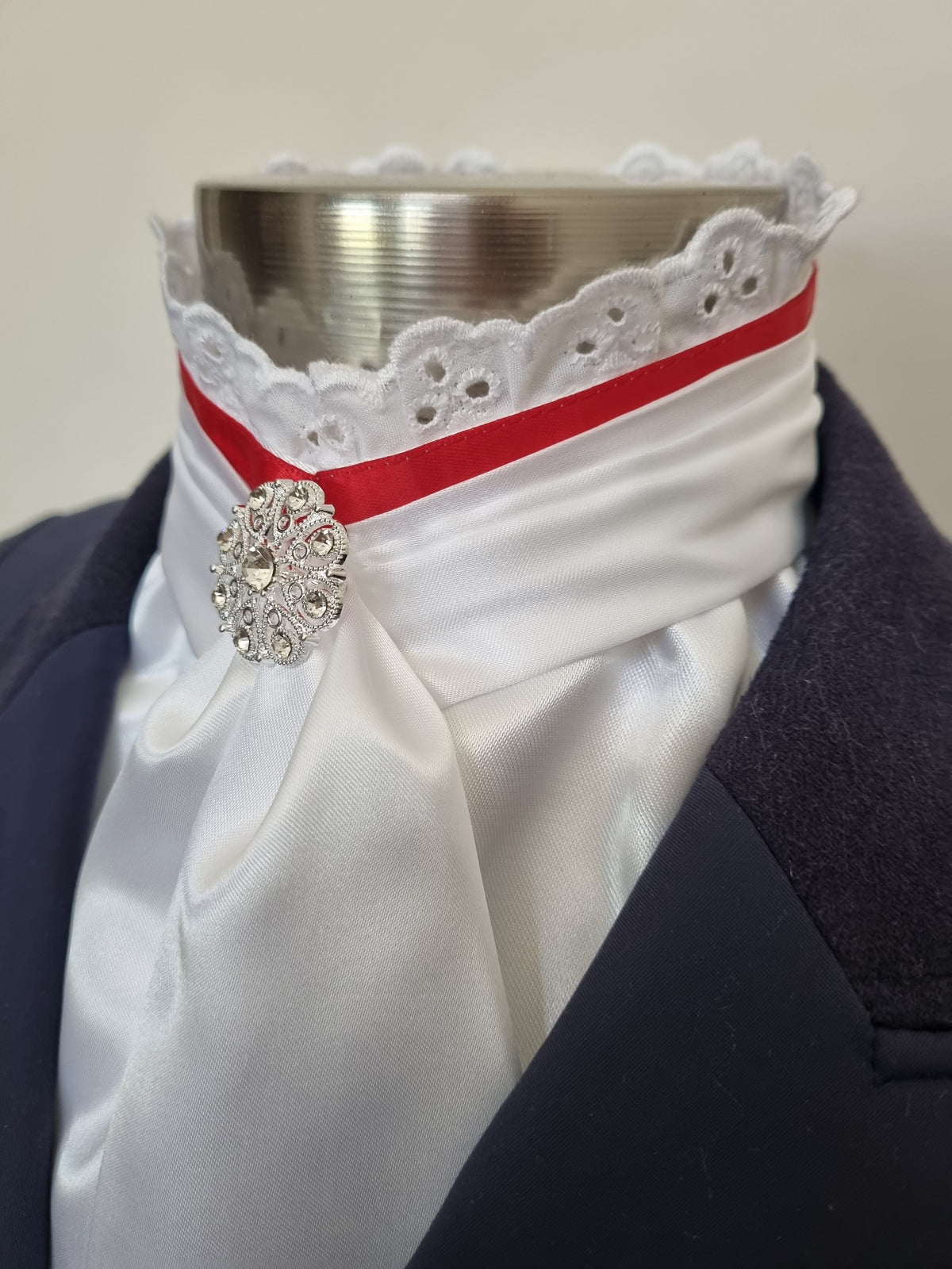 EURO BELLE STOCK TIE - White lustre satin with Red ribbon & lace trim and brooch