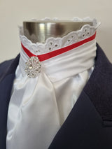 EURO BELLE STOCK TIE - White lustre satin with Red ribbon & lace trim and brooch