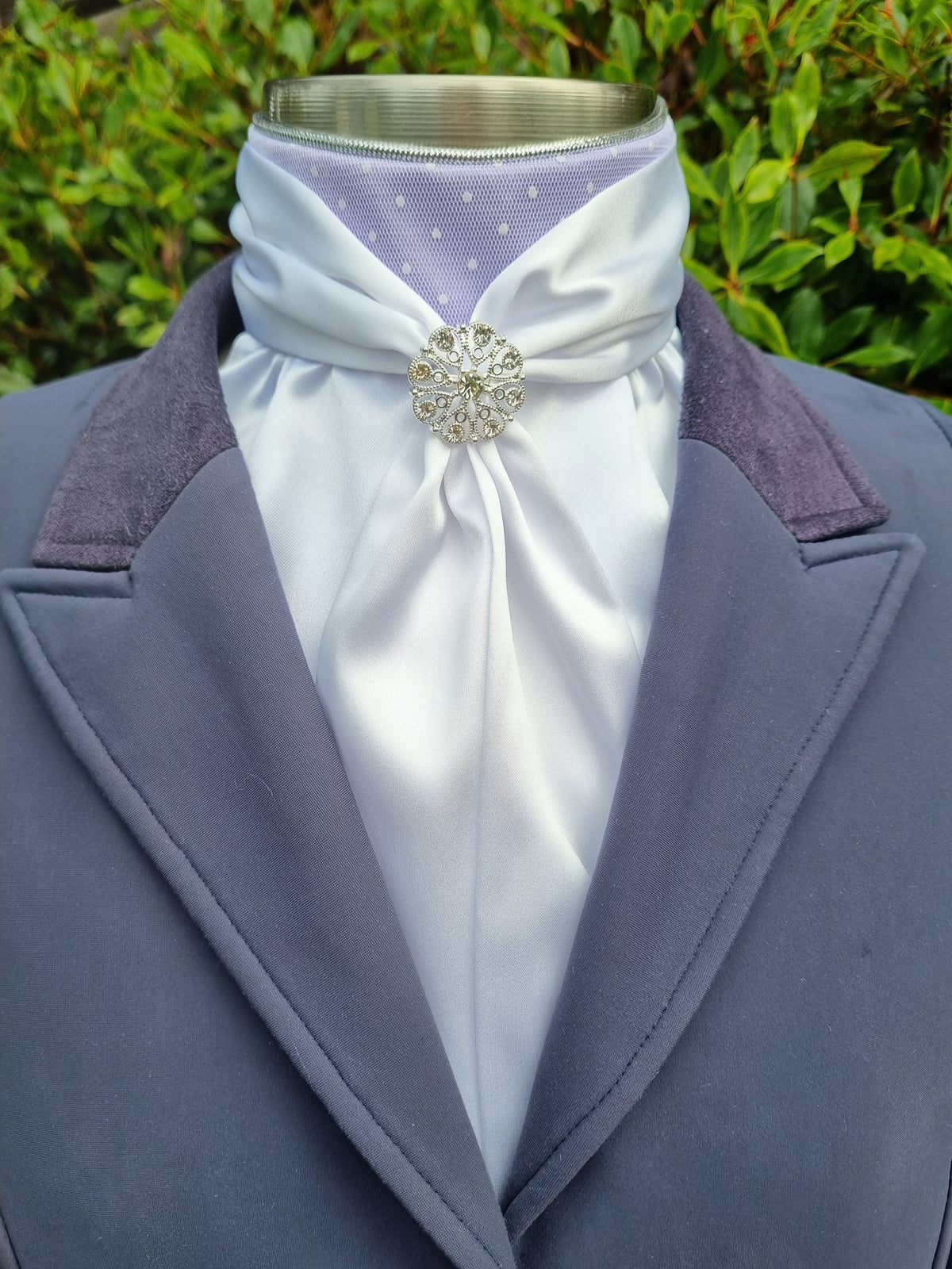 ERA Elle Stock Tie Plastron - White Satin with Dainty White Spot on Pale Lilac and Brooch