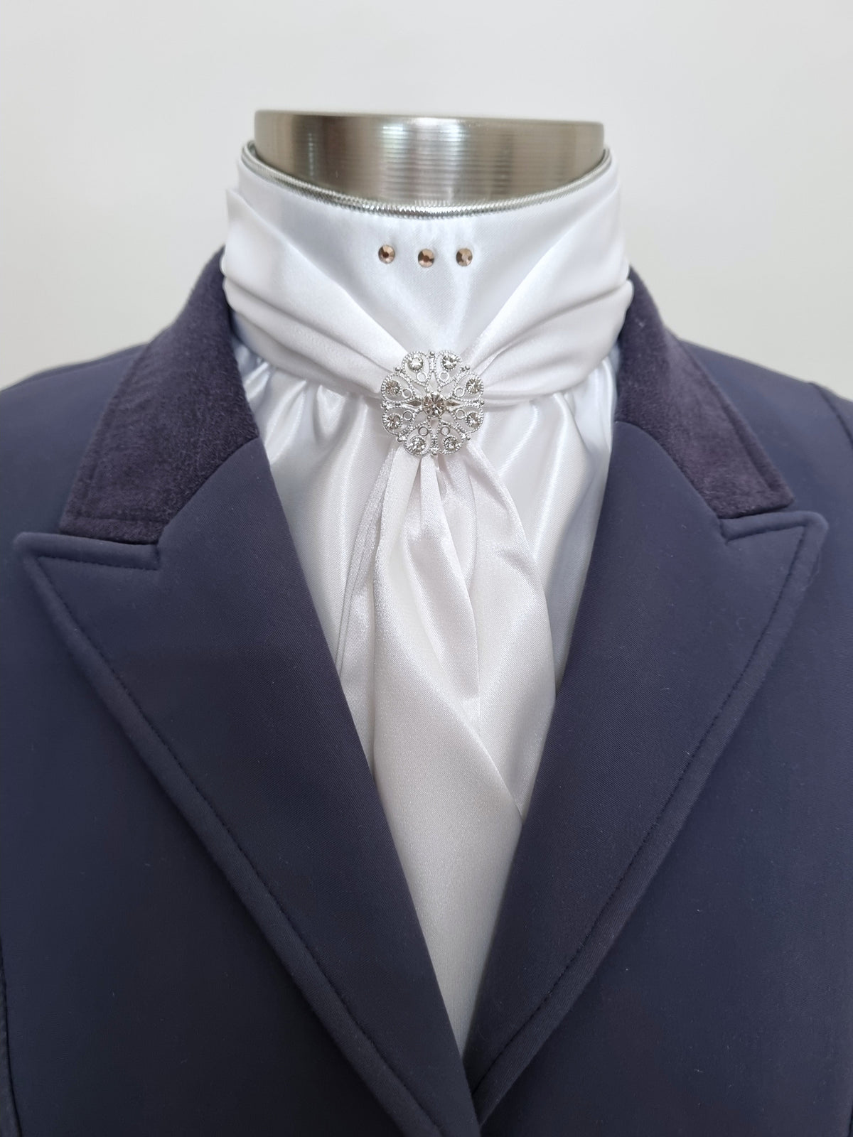 ERA ELLE STOCK TIE - White satin Soft Ties with silver metallic piping, rose gold crystals and rose gold crystal brooch