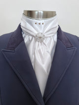 ERA ELLE STOCK TIE - White satin Soft Ties with silver metallic piping, rose gold crystals and rose gold crystal brooch