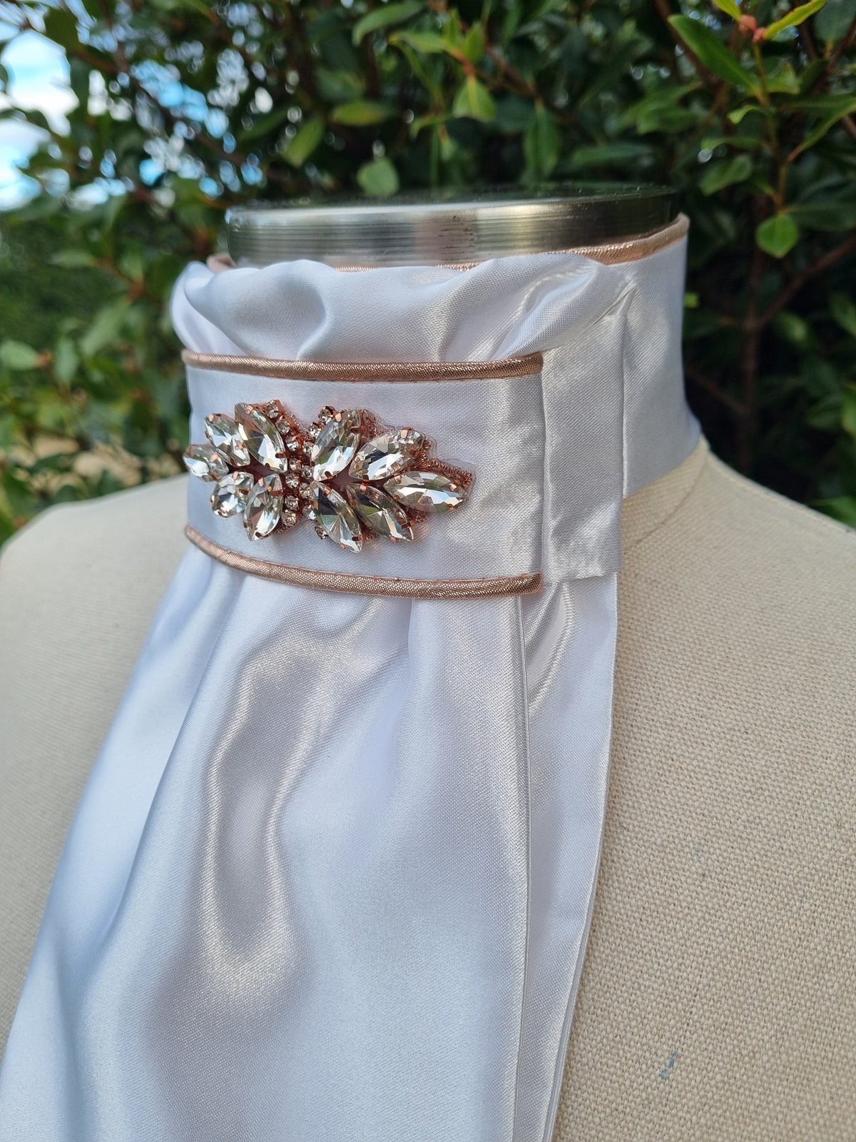 ERA Euro Lyndal Stock Tie - White satin with Plume Embellishment - Silver or rose gold