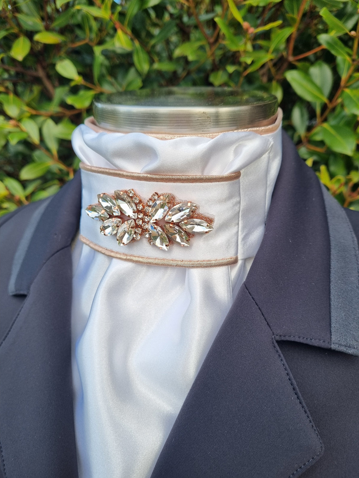ERA Euro Lyndal Stock Tie - White satin with Plume Embellishment - Silver or rose gold