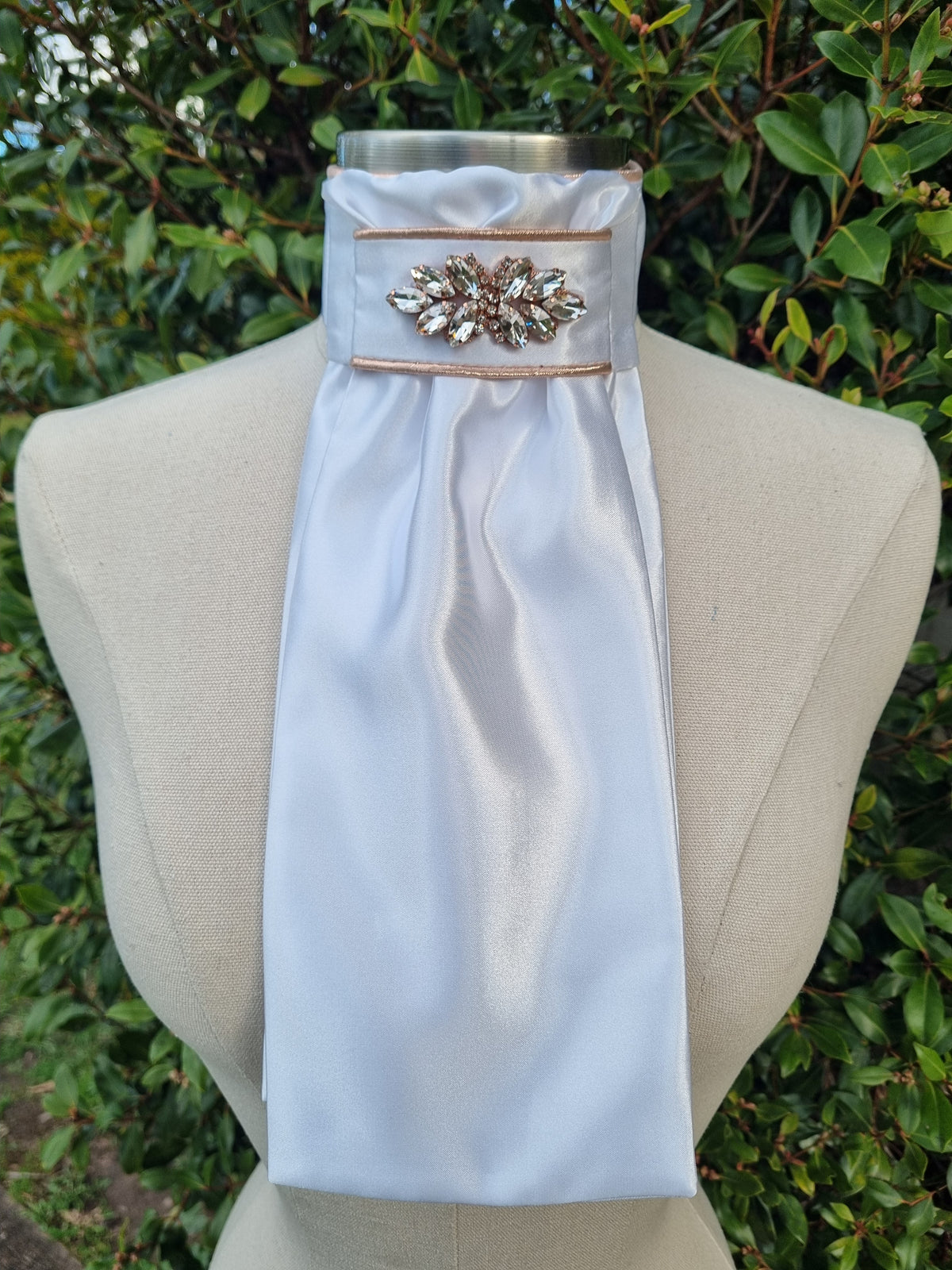 ERA Euro Lyndal Stock Tie - White satin with Plume Embellishment - Silver or rose gold