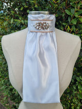 ERA Euro Lyndal Stock Tie - White satin with Plume Embellishment - Silver or rose gold