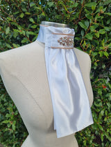 ERA Euro Lyndal Stock Tie - White satin with Plume Embellishment - Silver or rose gold
