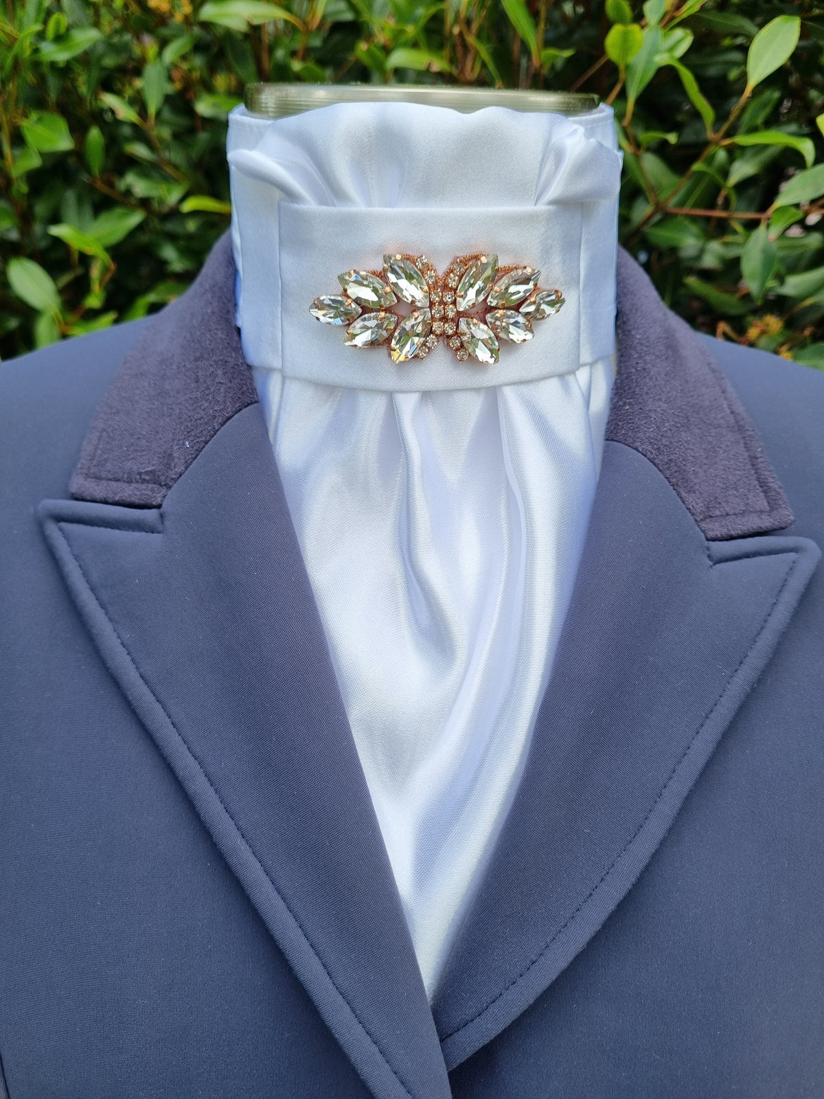 ERA Euro Lyndal Stock Tie - White satin with Plume Embellishment - Silver or rose gold