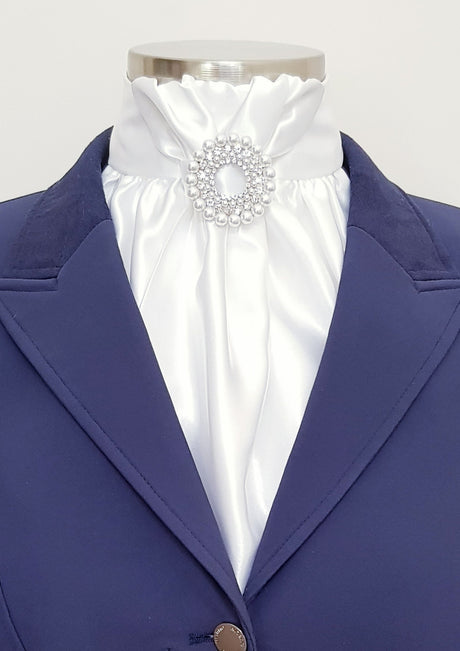 ERA EURO CHEVAL LUSTRE STOCK TIE - White lustre satin with Diore pearl brooch in silver