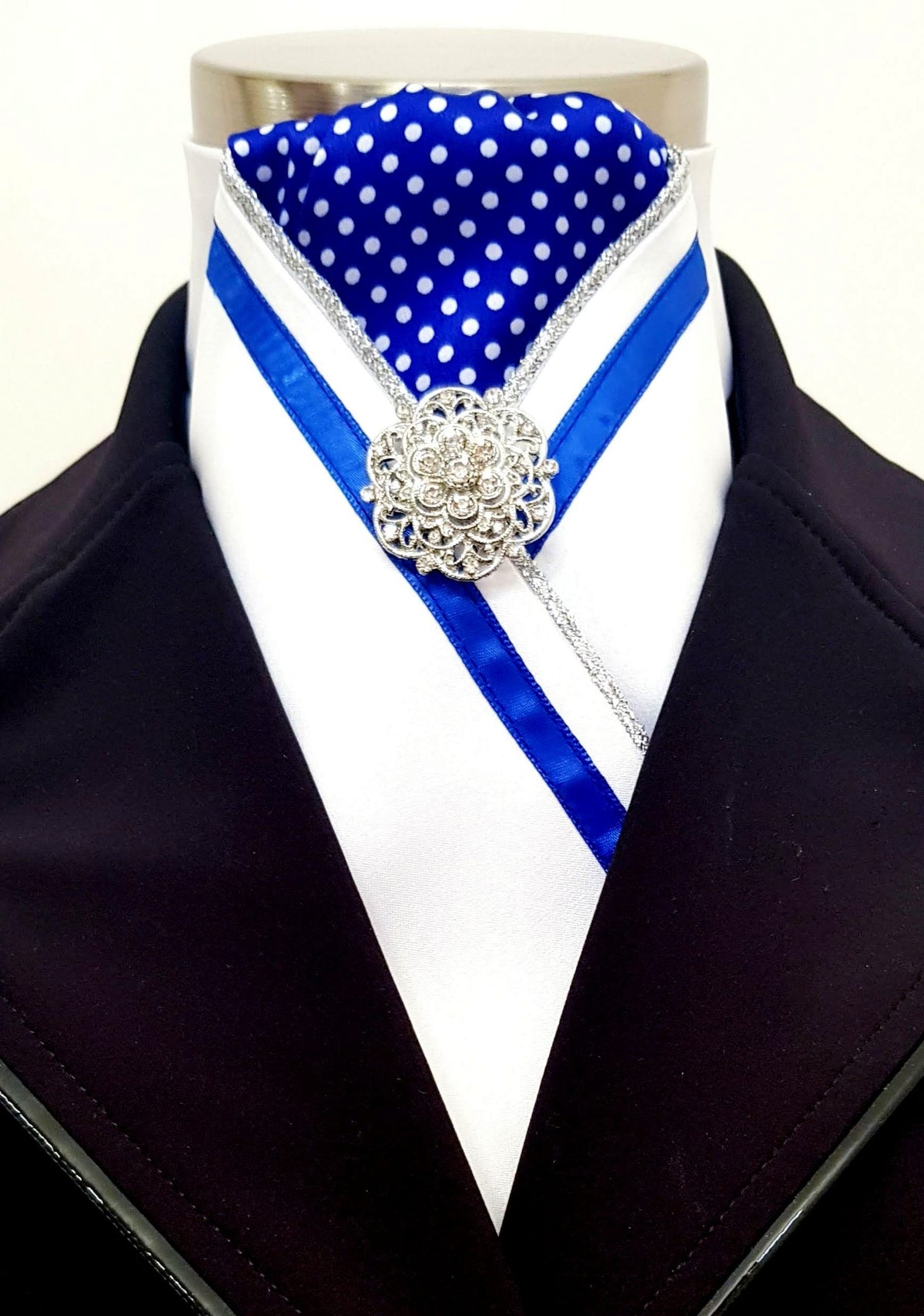 ERA FIONA STOCK TIE - CLEARANCE - White satin, royal blue polka dot, silver piping, royal blue trim trim and brooch