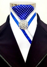 ERA FIONA STOCK TIE - CLEARANCE - White satin, royal blue polka dot, silver piping, royal blue trim trim and brooch
